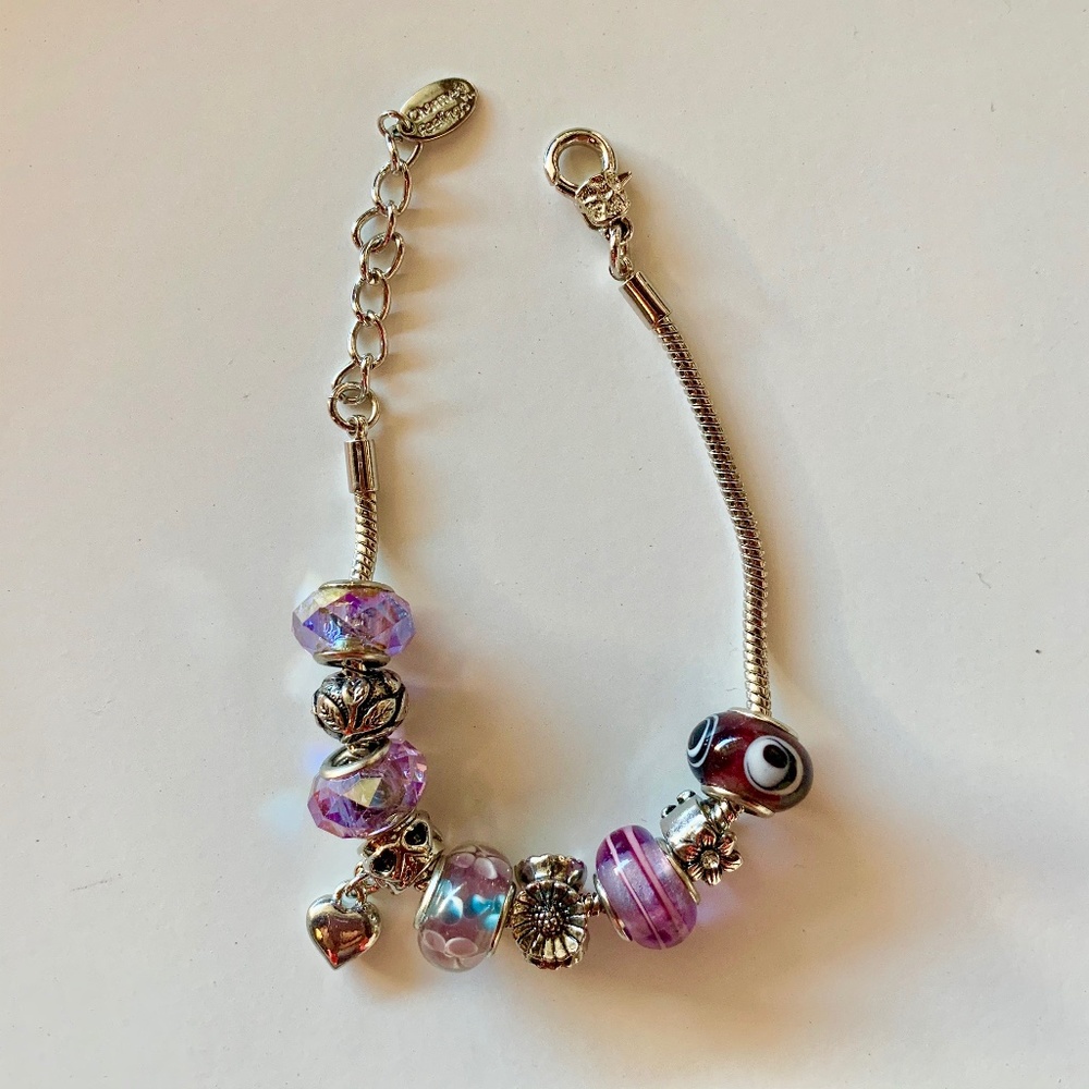 Silver Charm Bracelet with Evil Eye Glass Bead